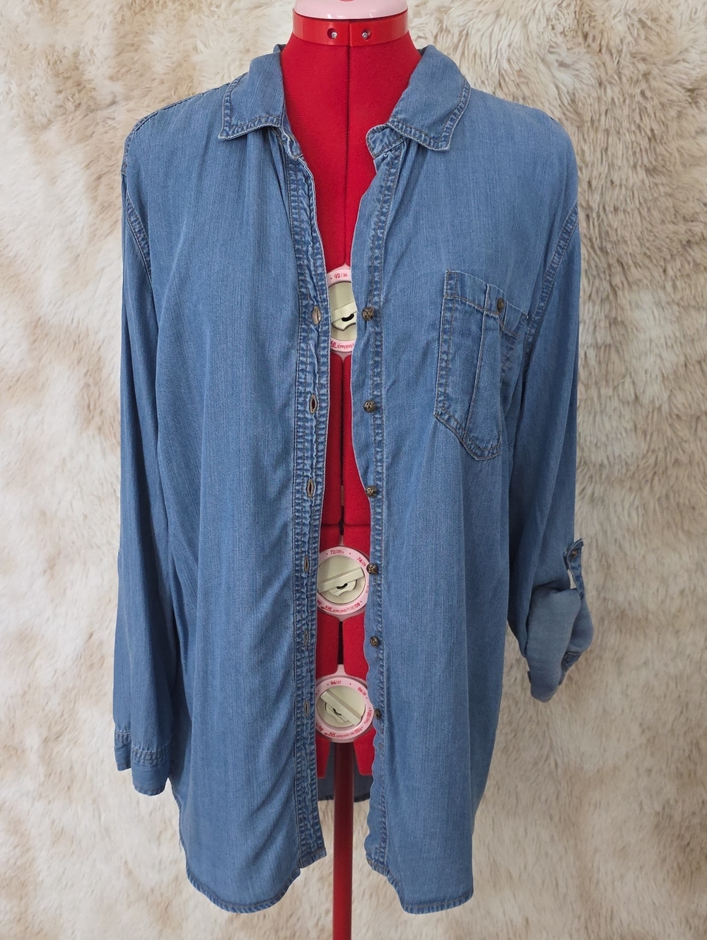 Grand & Greene Chambray Button Up Shirt Women's XL Lightweight Denim Roll Tab Sl